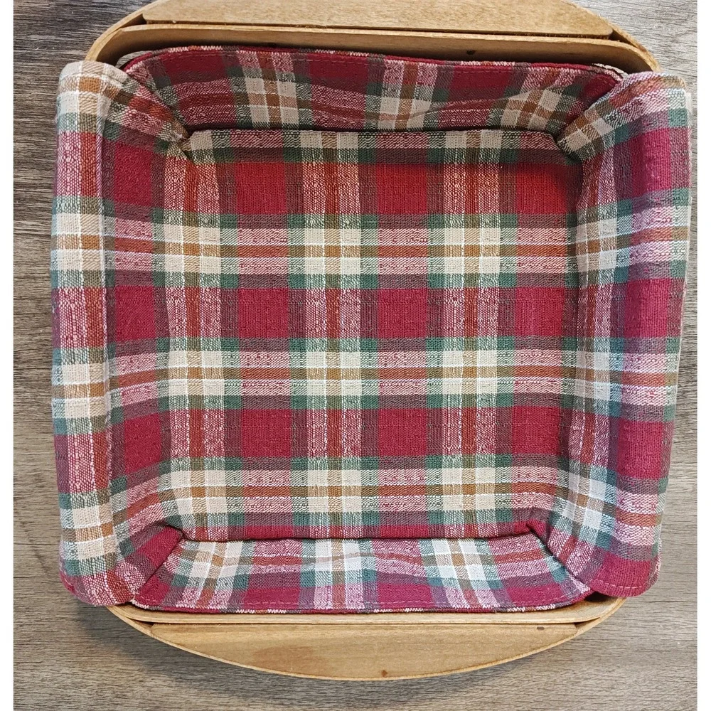 Longaberger Square Basket 2003 Red Plaid Liner Plastic Protector 8in Brown